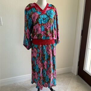 1980s Diane Freis Blue/ Pink & Red Floral Boho Dress with Sequin and Beaded